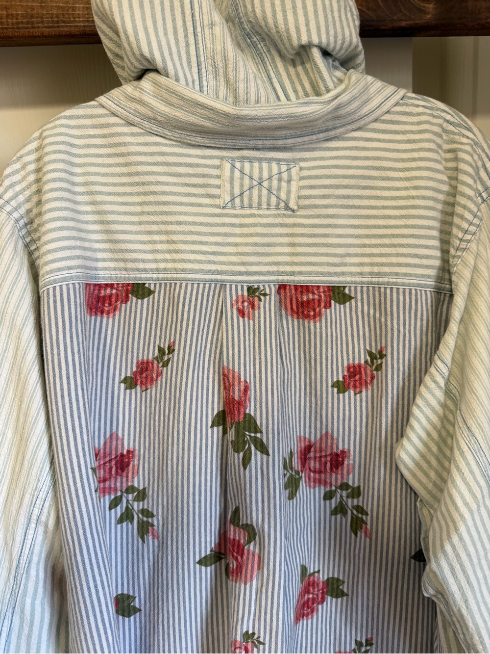 We The Free Light Blue & White Striped Hooded Button-Down with Floral Trim - Picture 4 of 5
